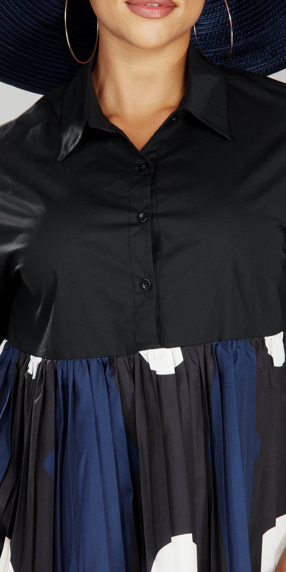 Luxe Moda - LM218 - Black White Navy - Pleated Print Collared Dress