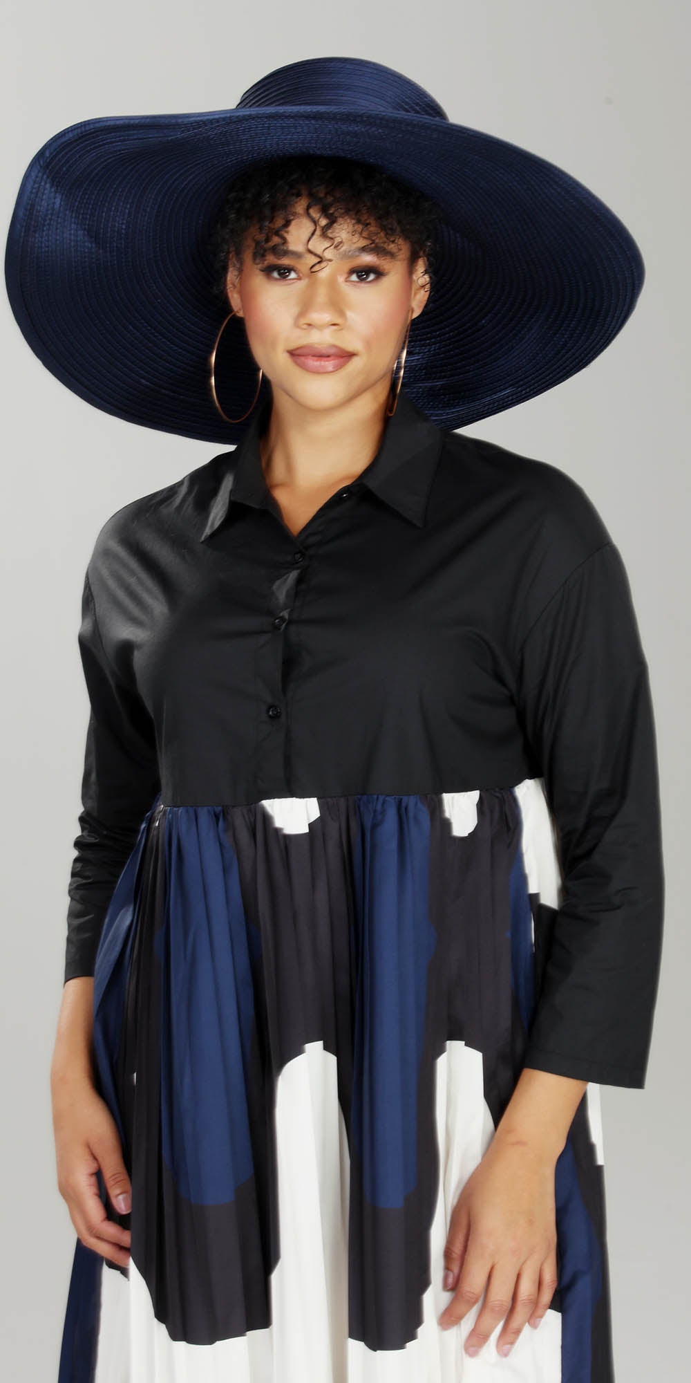 Luxe Moda - LM218 - Black White Navy - Pleated Print Collared Dress