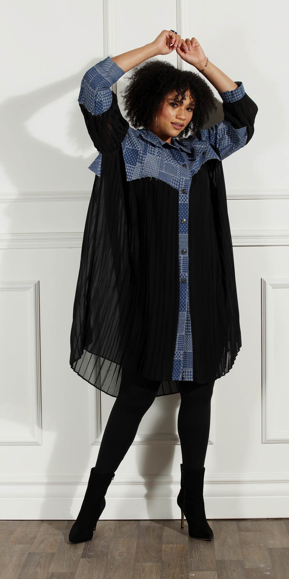 Luxe Moda - LM221 - Blue Black - Patchwork Sheer Pleated Dress