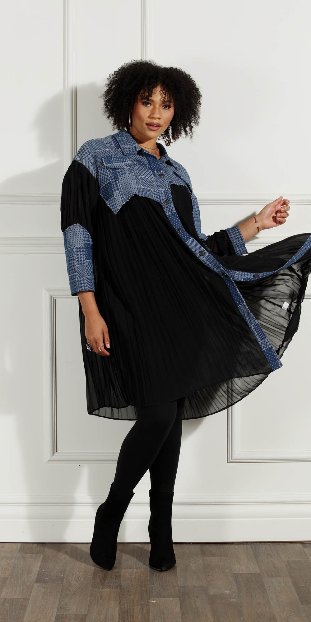 Luxe Moda - LM221 - Blue Black - Patchwork Sheer Pleated Dress