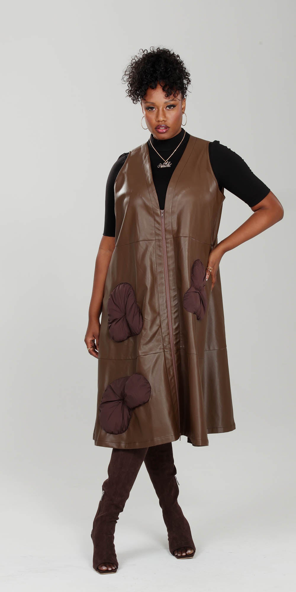 Luxe Moda - LM223 - Brown - Faux Leather Zipper-front Long Vest