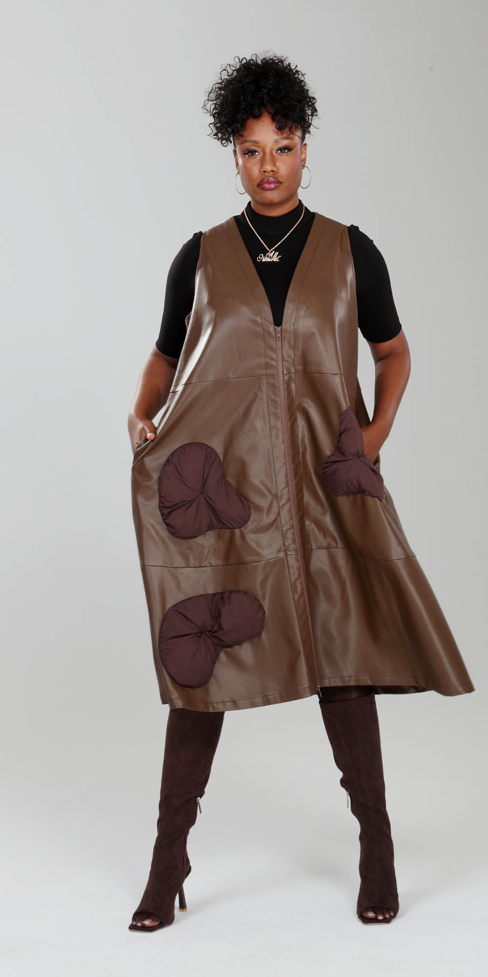 Luxe Moda - LM223 - Brown - Faux Leather Zipper-front Long Vest