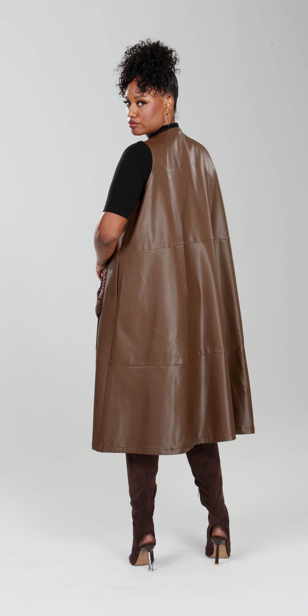 Luxe Moda - LM223 - Brown - Faux Leather Zipper-front Long Vest