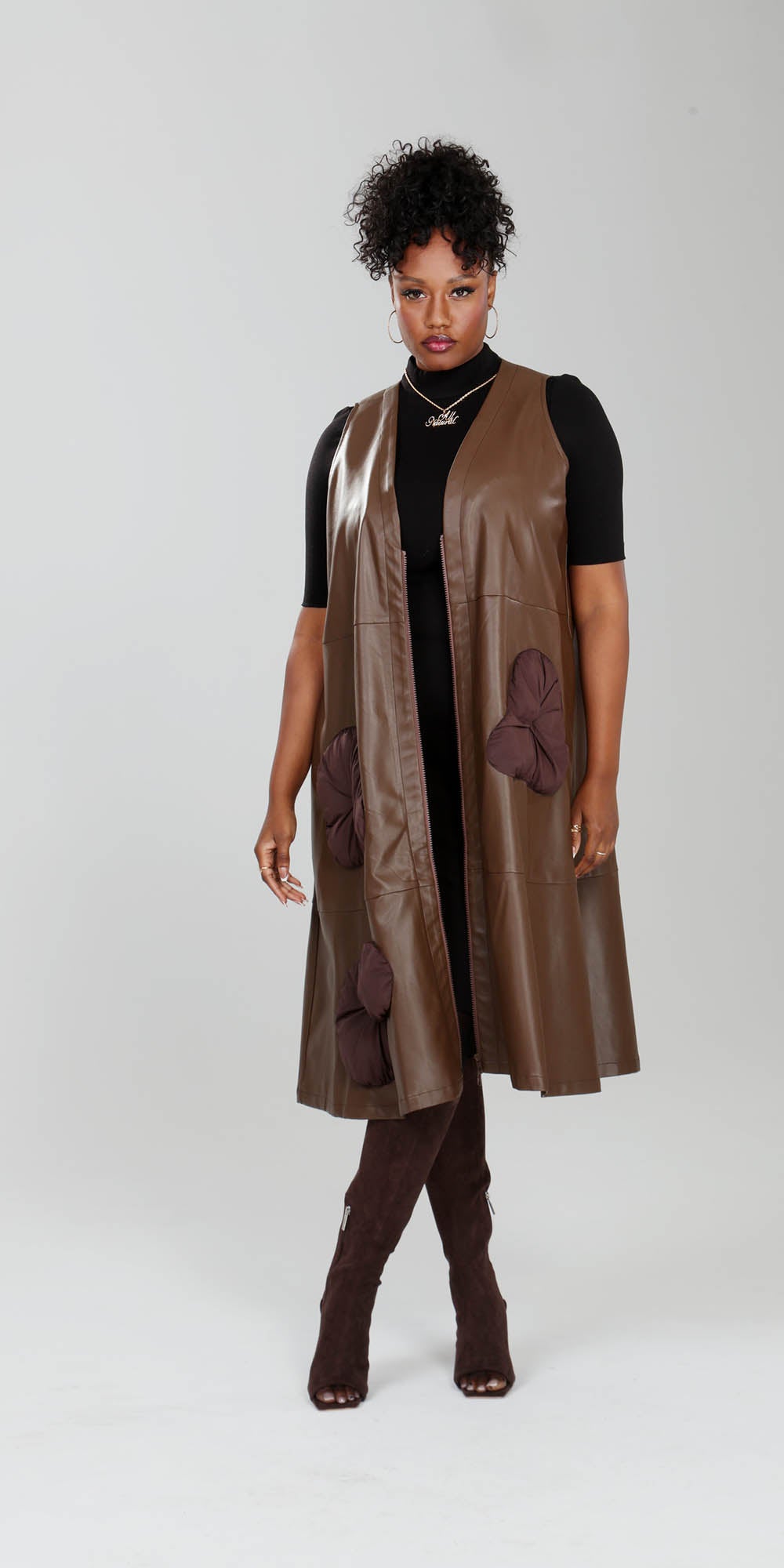 Luxe Moda - LM223 - Brown - Faux Leather Zipper-front Long Vest