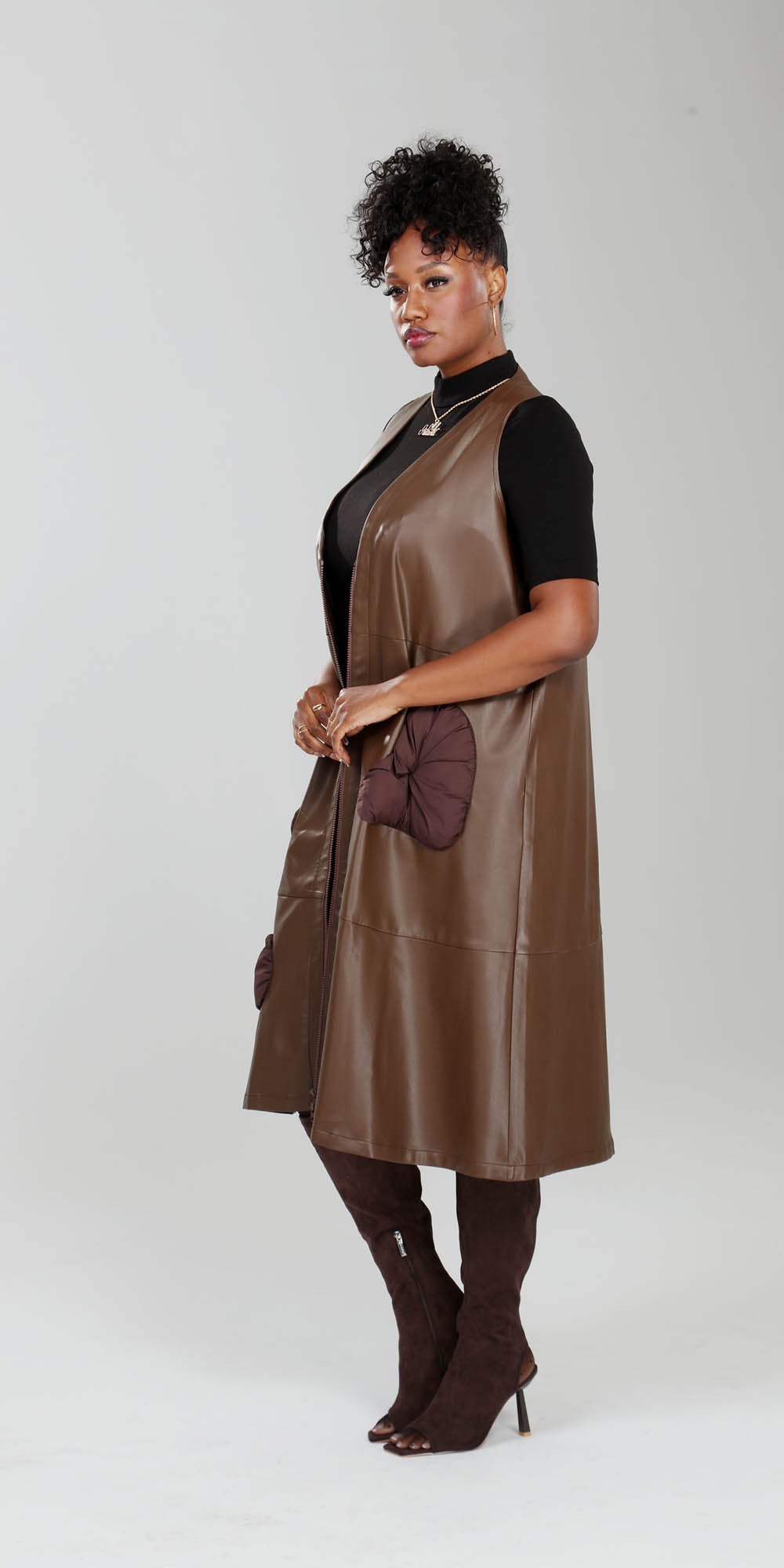 Luxe Moda - LM223 - Brown - Faux Leather Zipper-front Long Vest