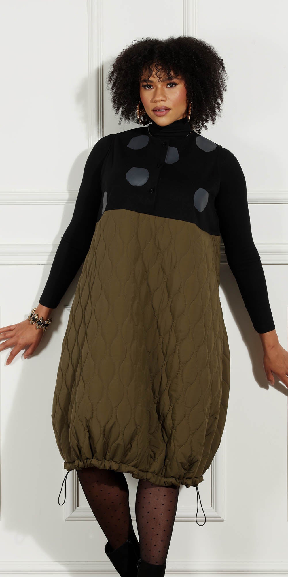 Luxe Moda - LM227 - Olive Black Sleeveless Dotted Drawstring Hemline Skirt Dress