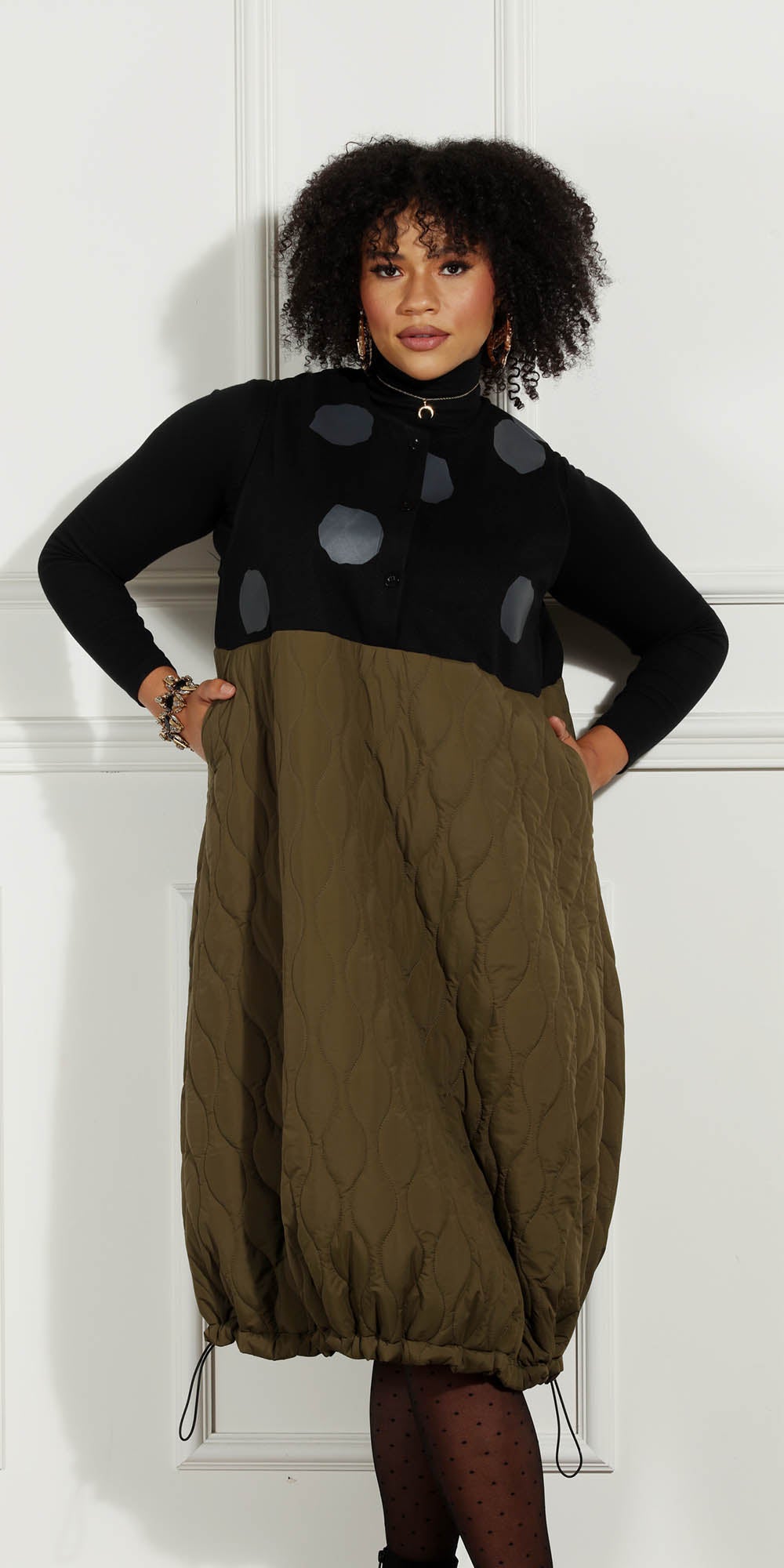 Luxe Moda - LM227 - Olive Black Sleeveless Dotted Drawstring Hemline Skirt Dress