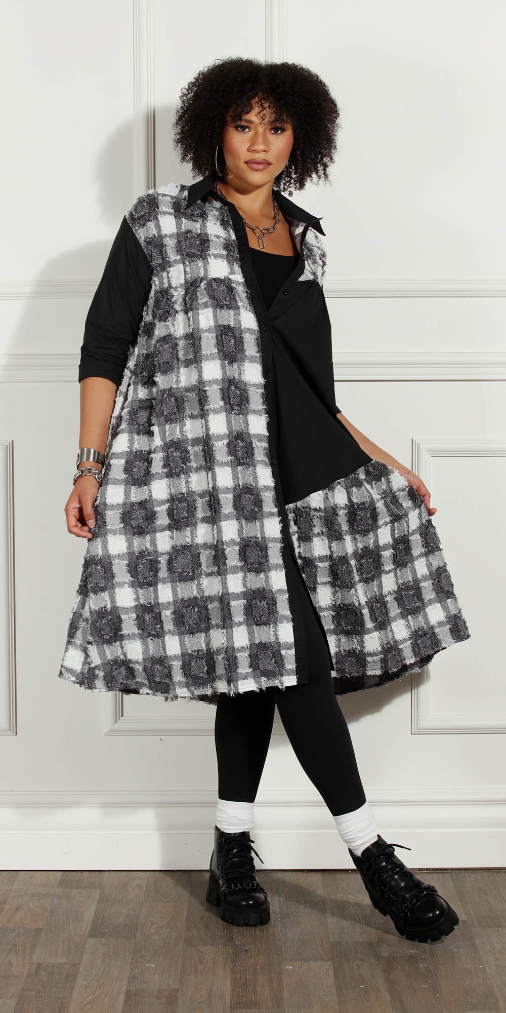 Luxe Moda - LM228 - White Black - Frayed Checker Print Button-front Dress