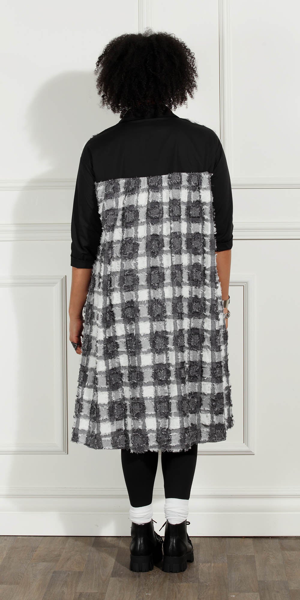 Luxe Moda - LM228 - White Black - Frayed Checker Print Button-front Dress