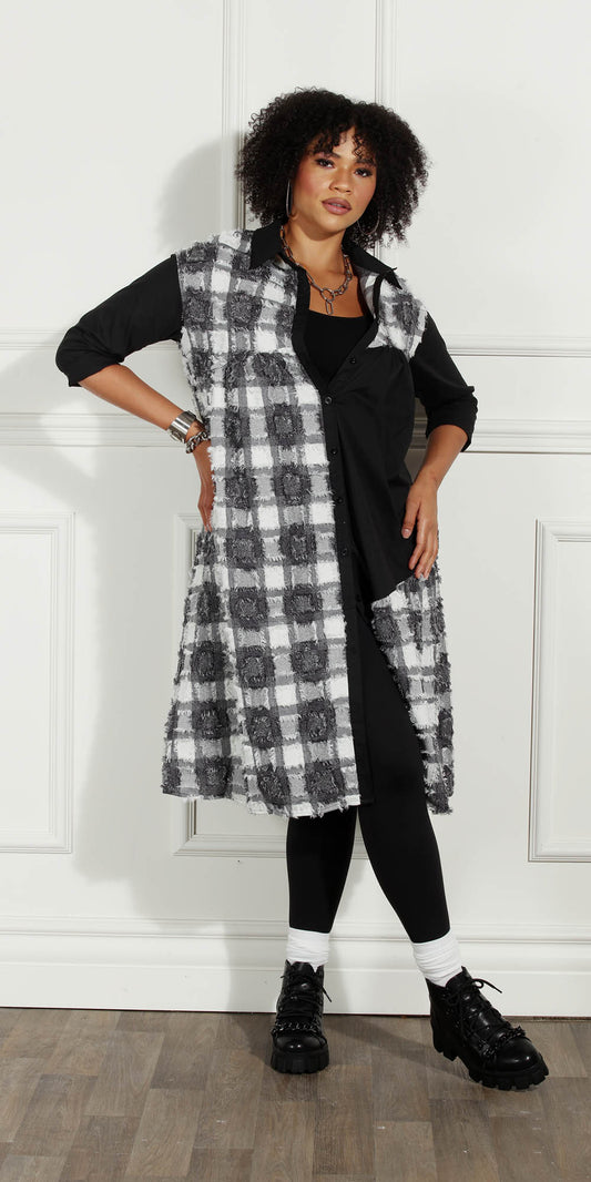 Luxe Moda - LM228 - White Black - Frayed Checker Print Button-front Dress
