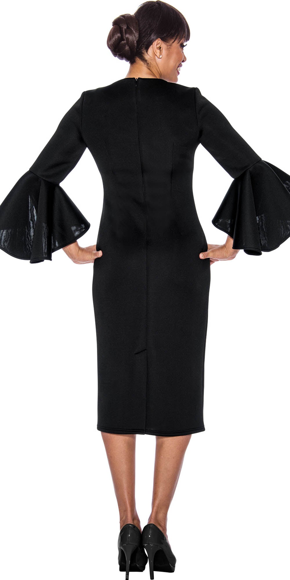 Dresses by Nubiano - 12081 - Black - Bell Sleeve Dress with Brooch