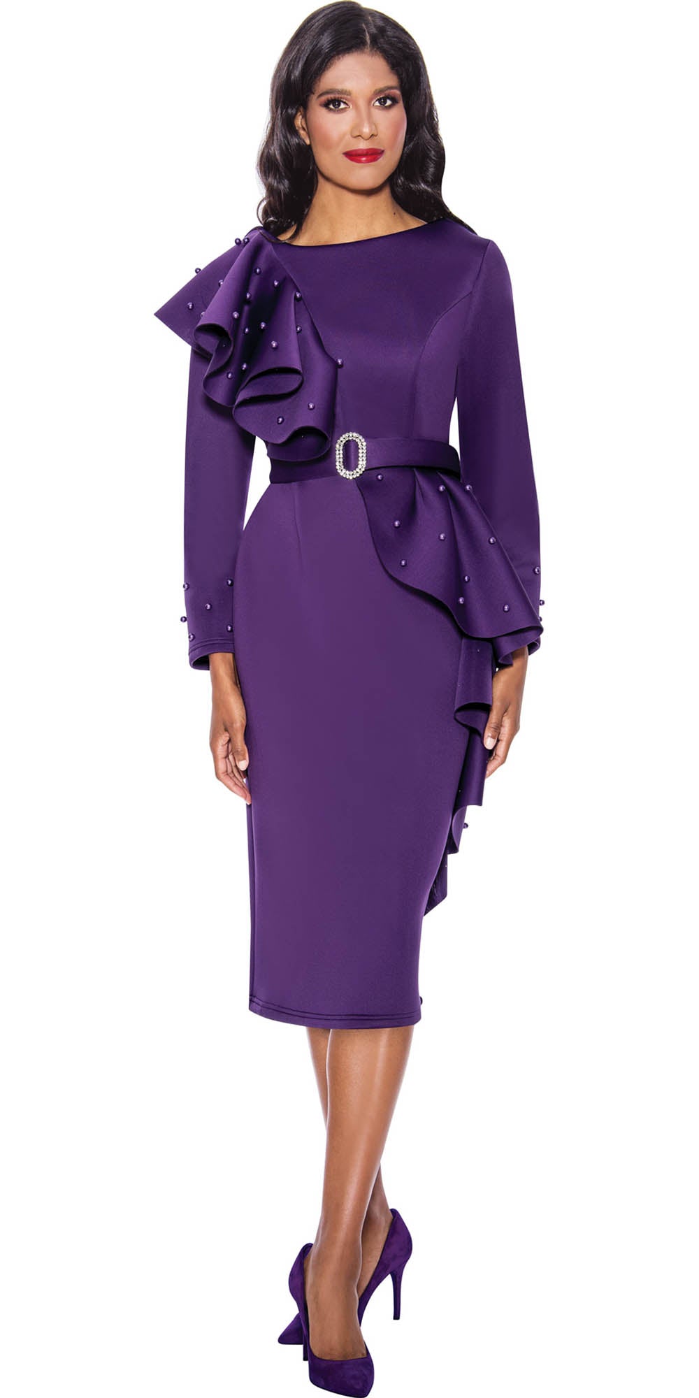 Dresses by Nubiano - 12131 - Purple - Embellished Cascade Ruffle Dress