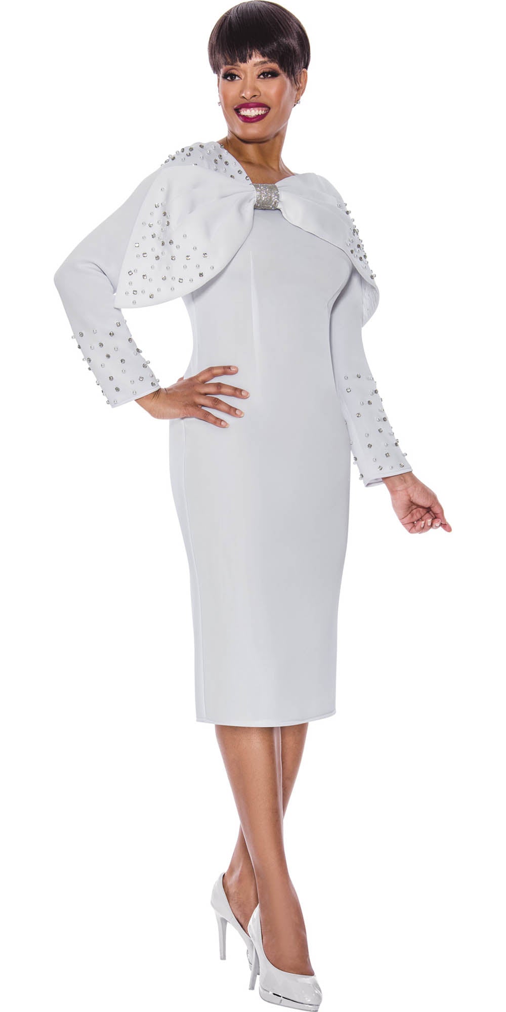 Dresses by Nubiano - 12141 - White - Embellished Large Bow Dress