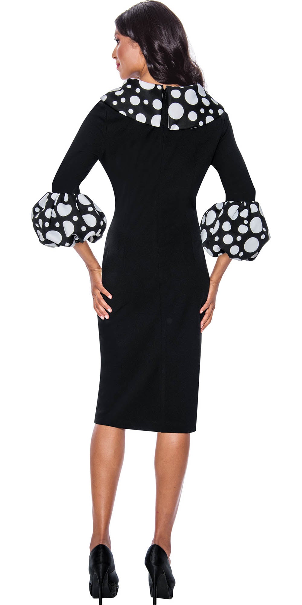 Dresses by Nubiano - 12151 - Black White - Dot Print Collar and Cuffs Dress