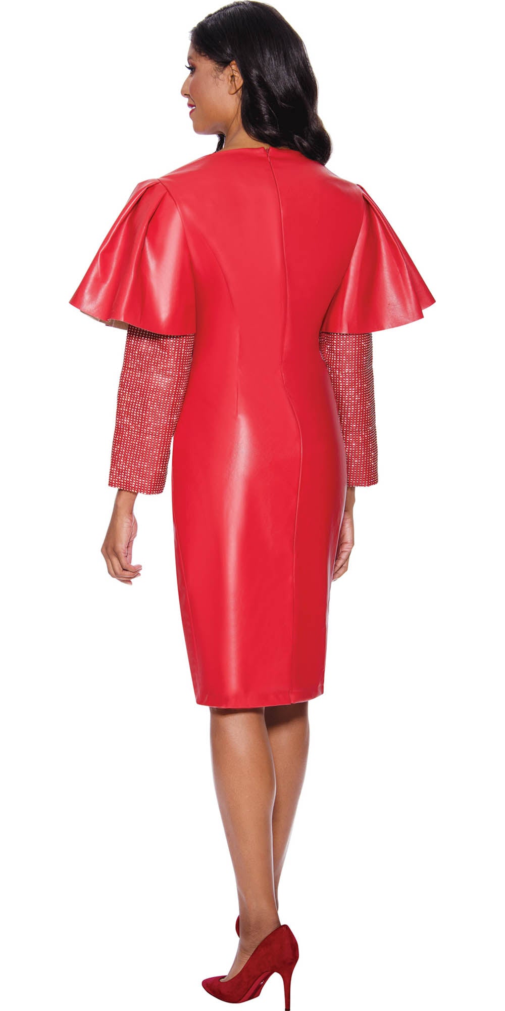 Stellar Looks - 1761 - Red - Faux Leather Sequin Sleeve Dress