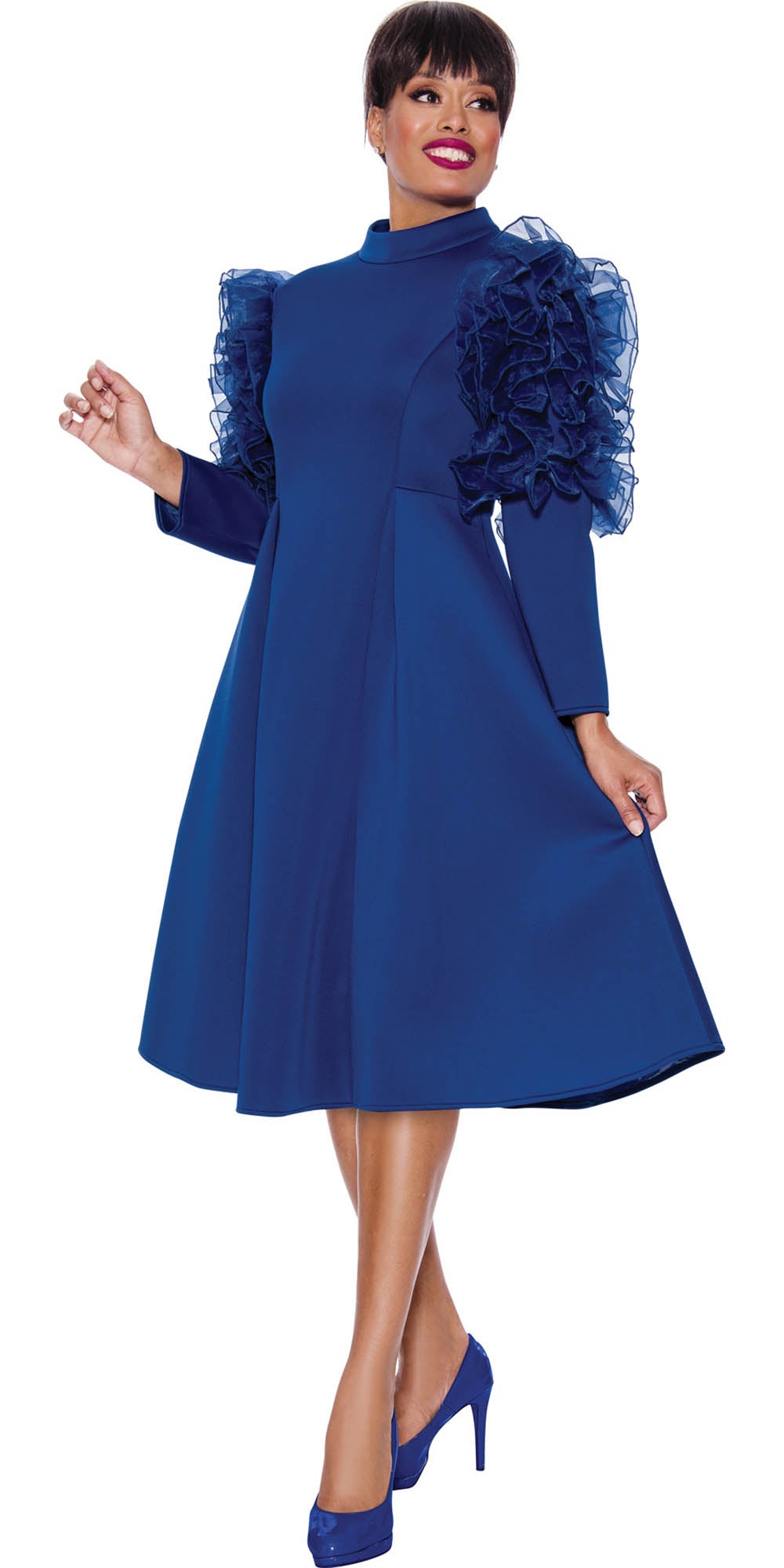 Stellar Looks - 1801 - Royal - Ruffle Shoulder Scuba Dress