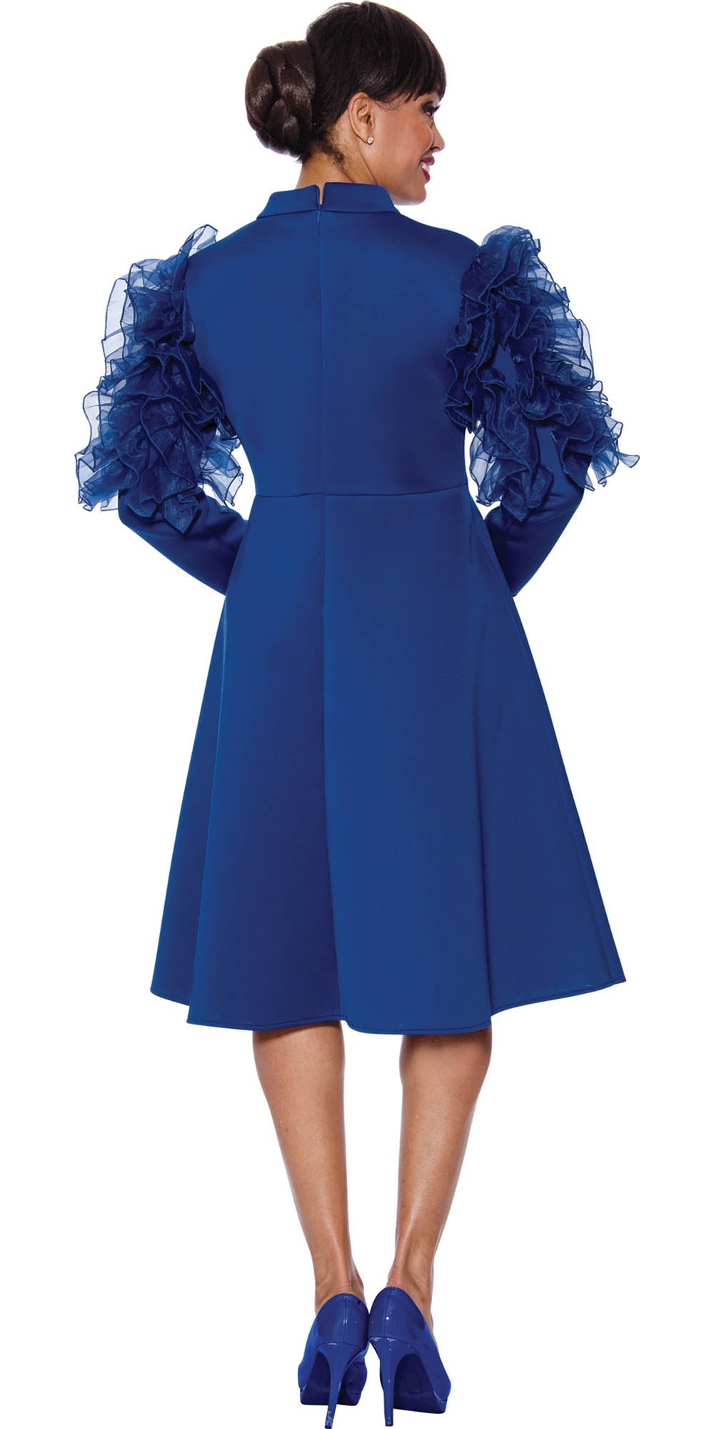 Stellar Looks - 1801 - Royal - Ruffle Shoulder Scuba Dress