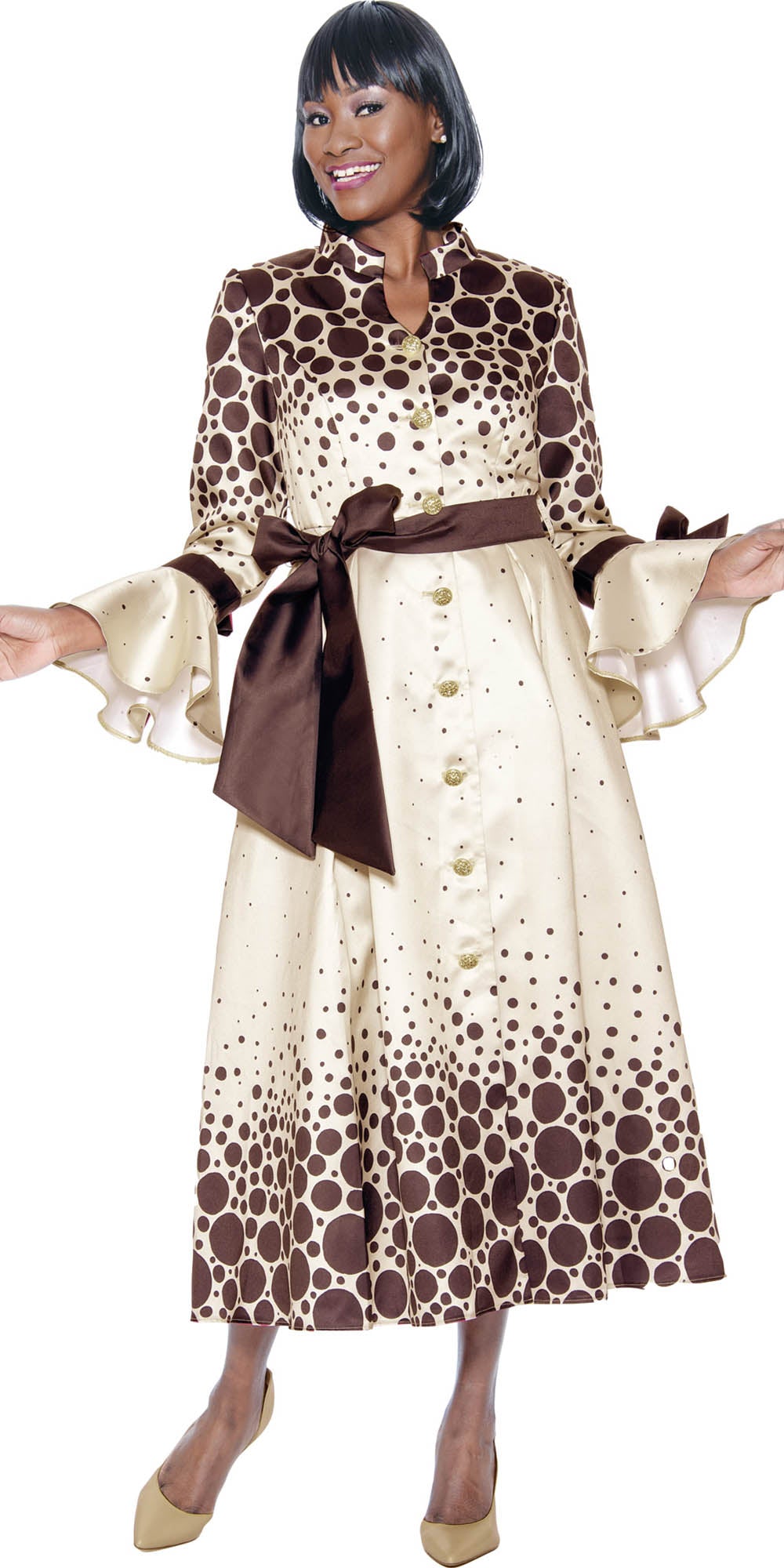 Terramina - 7072 - Brown - Belted Button Front Print Dress for Church