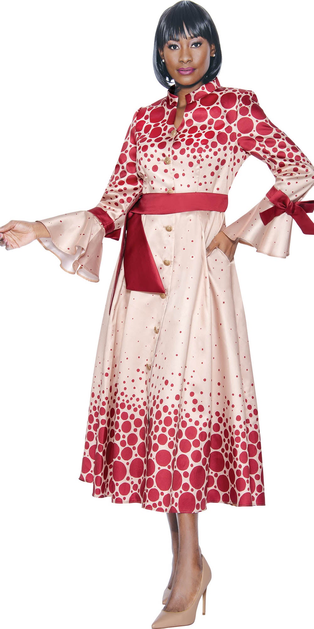 Terramina - 7072 - Burgundy - Belted Button Front Print Dress for Church