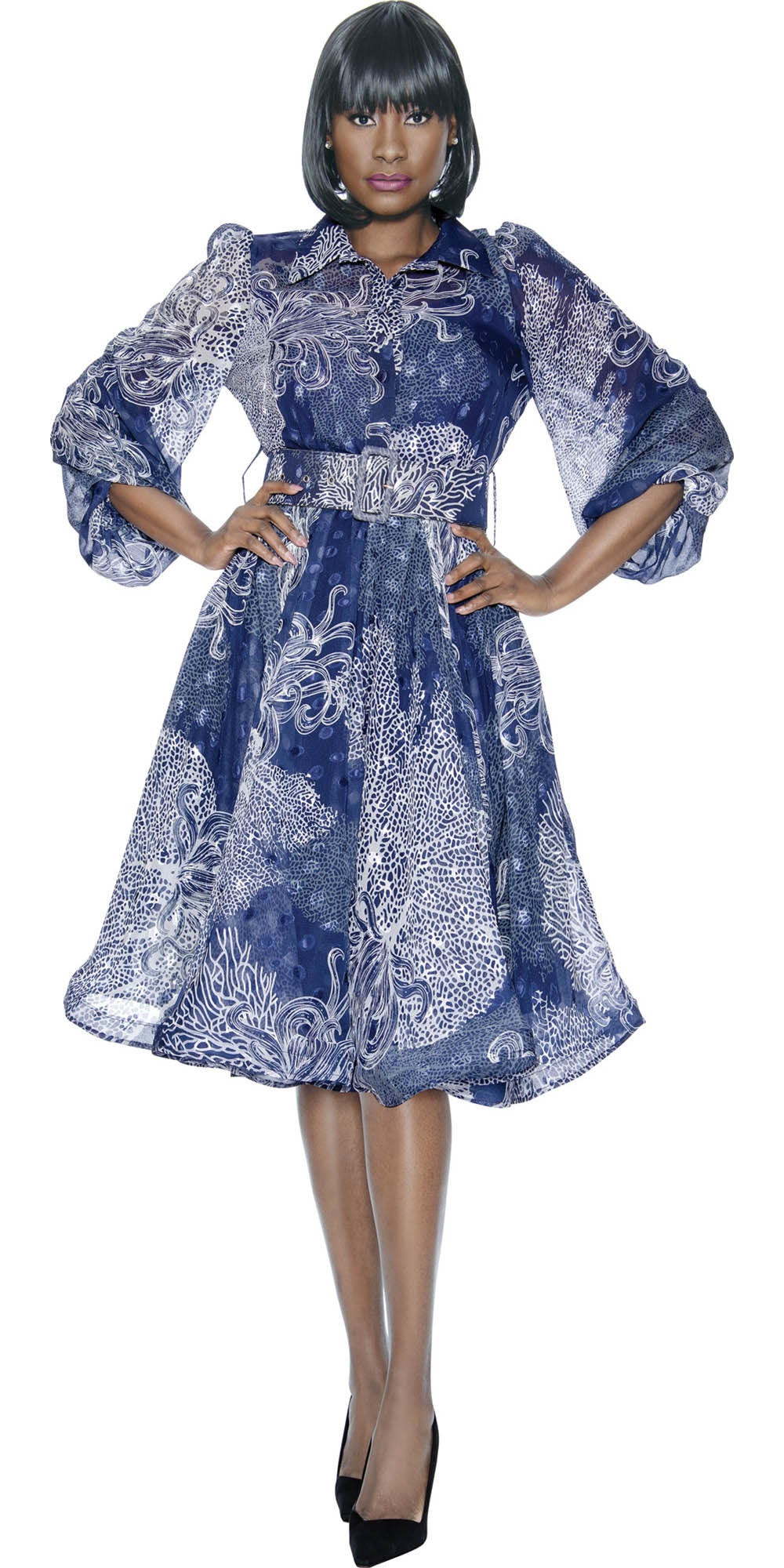 Terramina - 7074 - Navy - Belted Print Sheer Overlay Dress