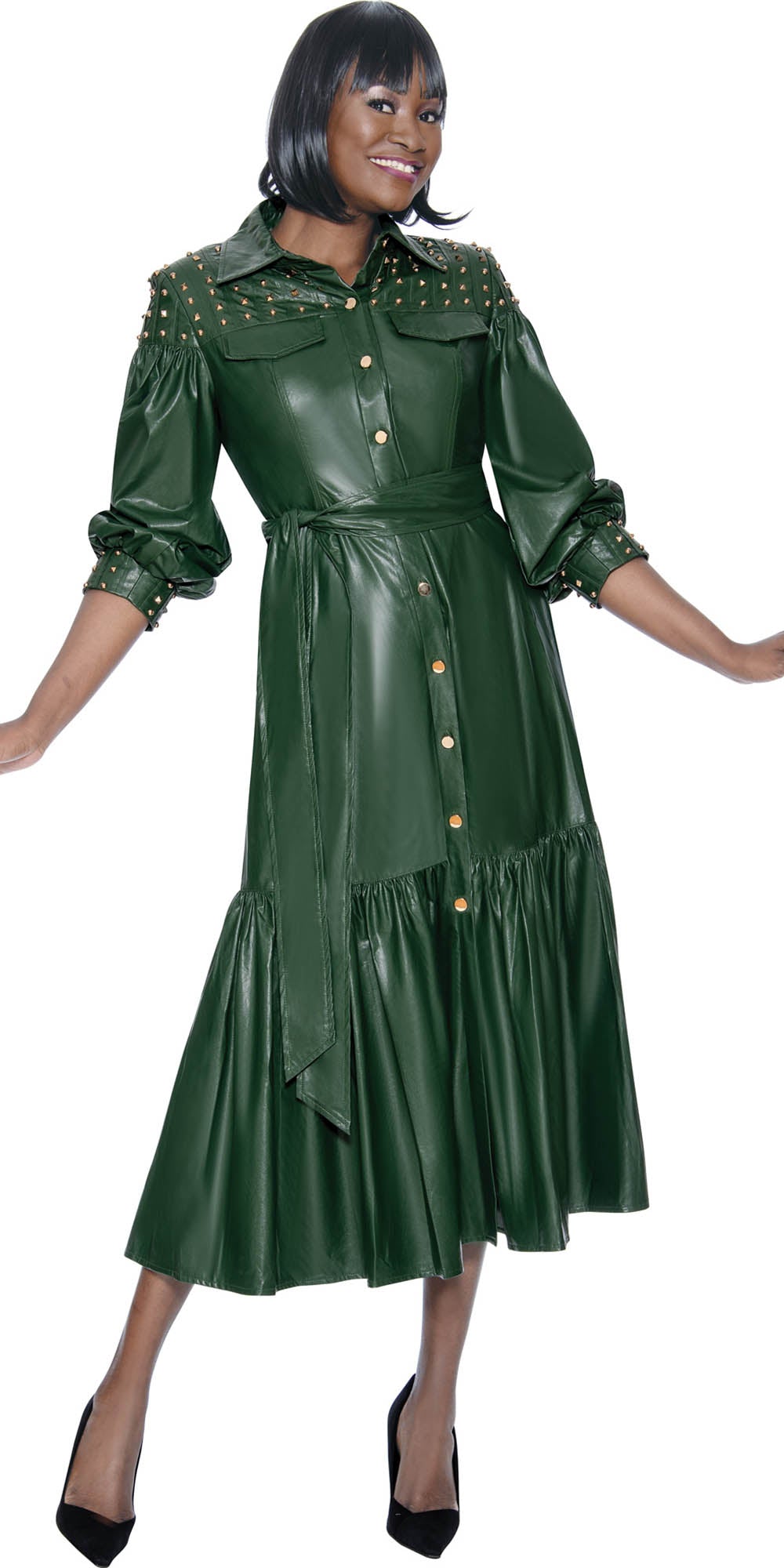 Terramina - 7082 - Green - Faux Leather Stud Embellished Tiered Dress