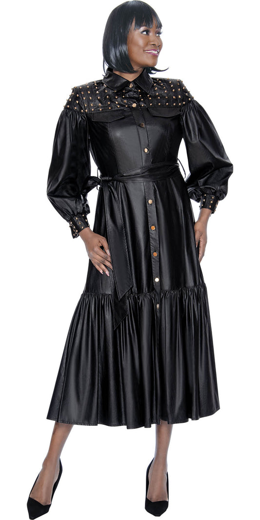 Terramina - 7082 - Black - Faux Leather Stud Embellished Tiered Dress