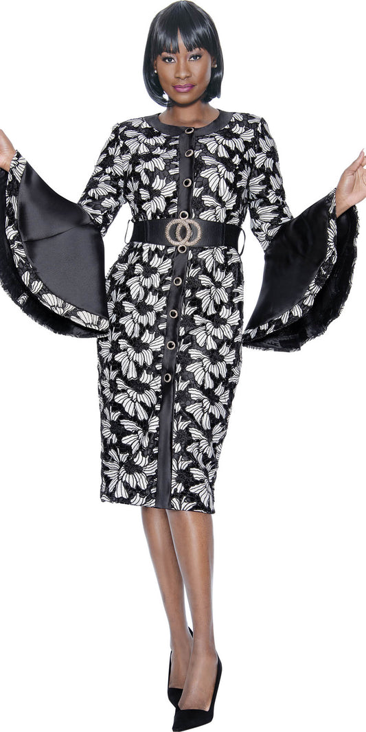 Terramina - 7083 - Black White - Floral Print Dress with Bell Sleeves