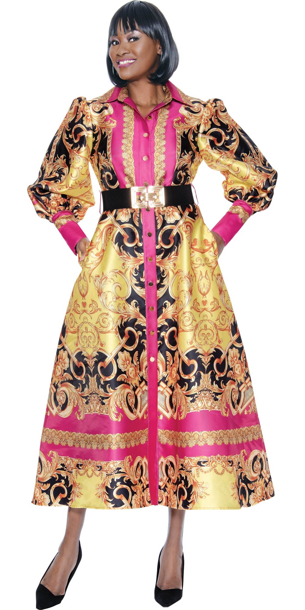 Terramina - 7089 - Print - Belted Button-front Print Lantern Sleeve Dress