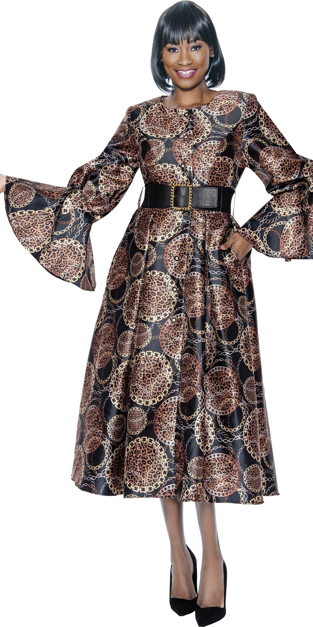Terramina - 7090 - Print - Belted Button-front Print Bell Sleeve Dress