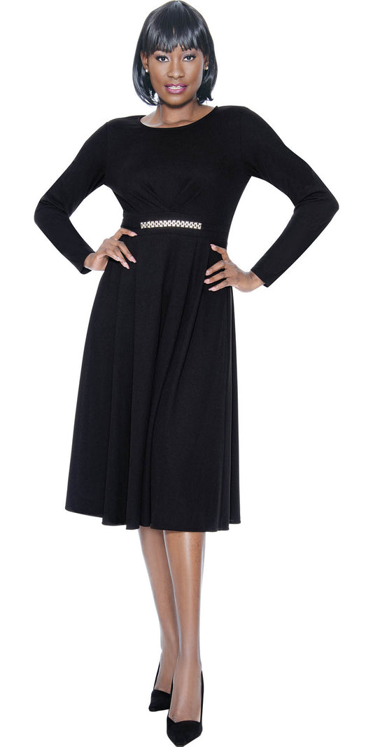 Terramina - 7094 - Black - Knit Dress with Rhinestone Detail Waist