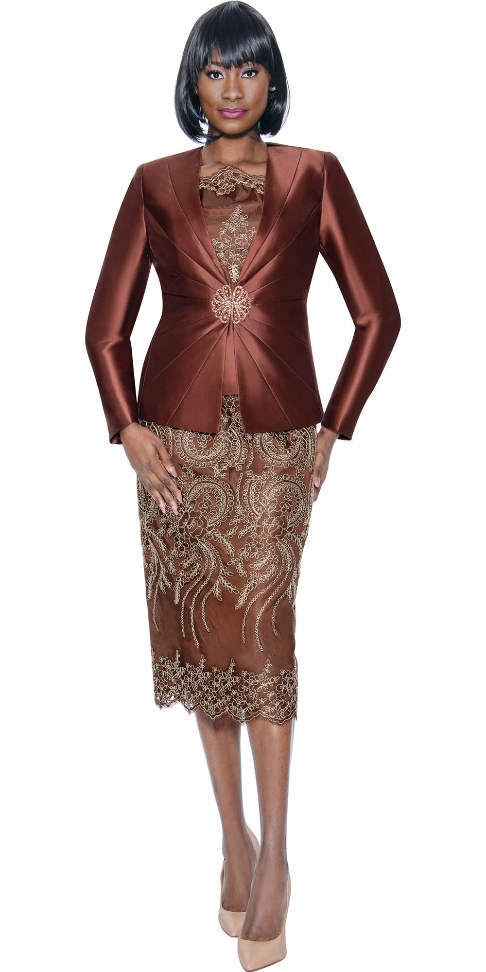 Terramina - 7817 - Brown - Embroidered Lace 3pc Skirt Suit