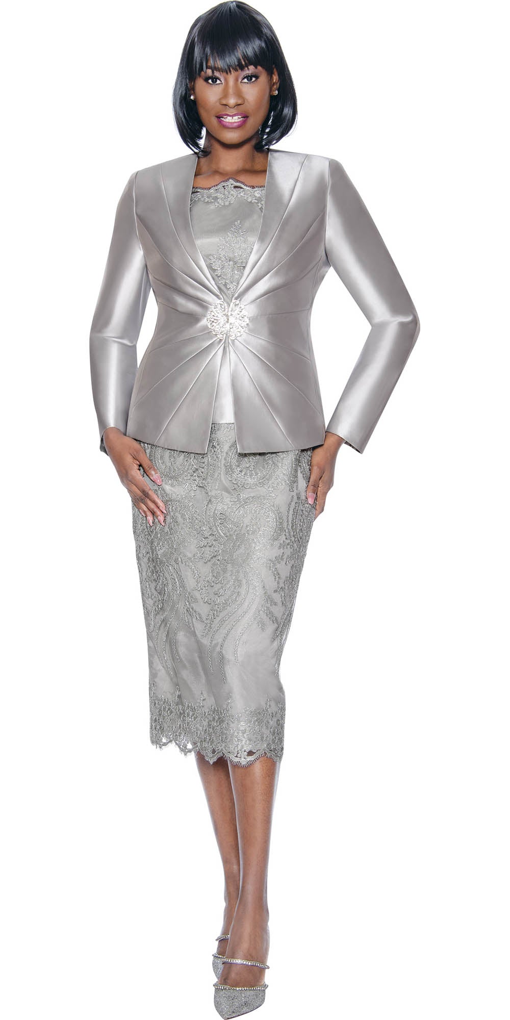 Terramina - 7817 - Silver - Embroidered Lace 3 pc Skirt Suit