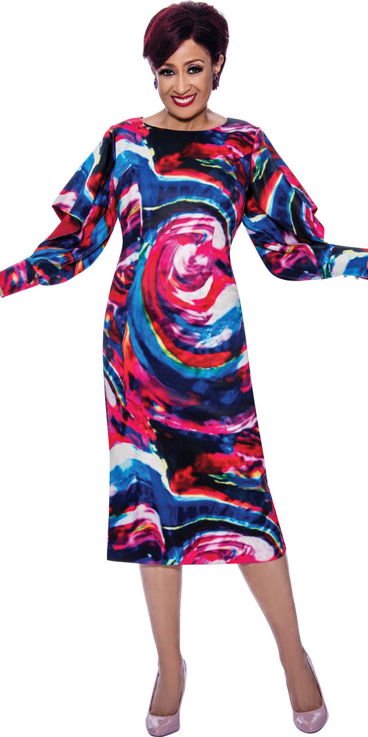 DCC - DCC3991 - Womens Multi-Color Print Dress With Button Cuff Sleeves
