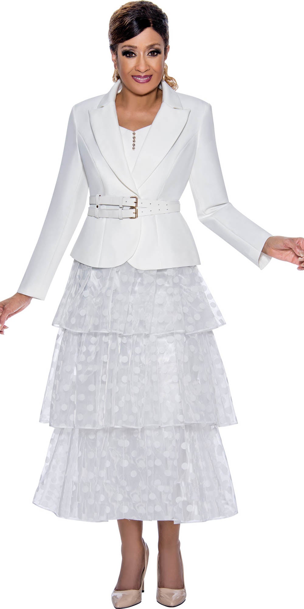 DCC - DCC4522 - Off White 2PC Skirt Suit with Tiered Sheer Dot Skirt