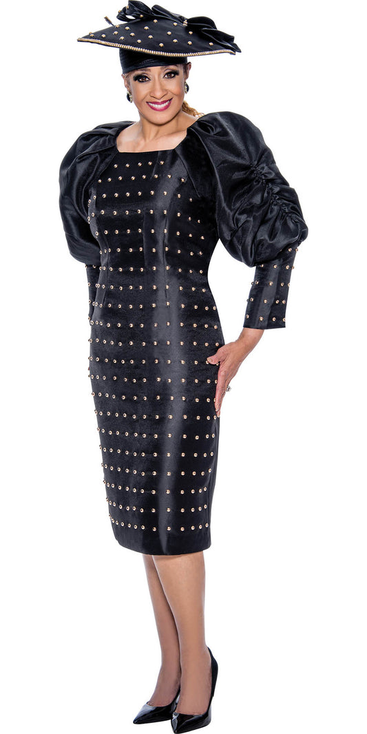 DCC - DCC4641 - Black - Metallic Stud Embellished Dress With Bishop Sleeves
