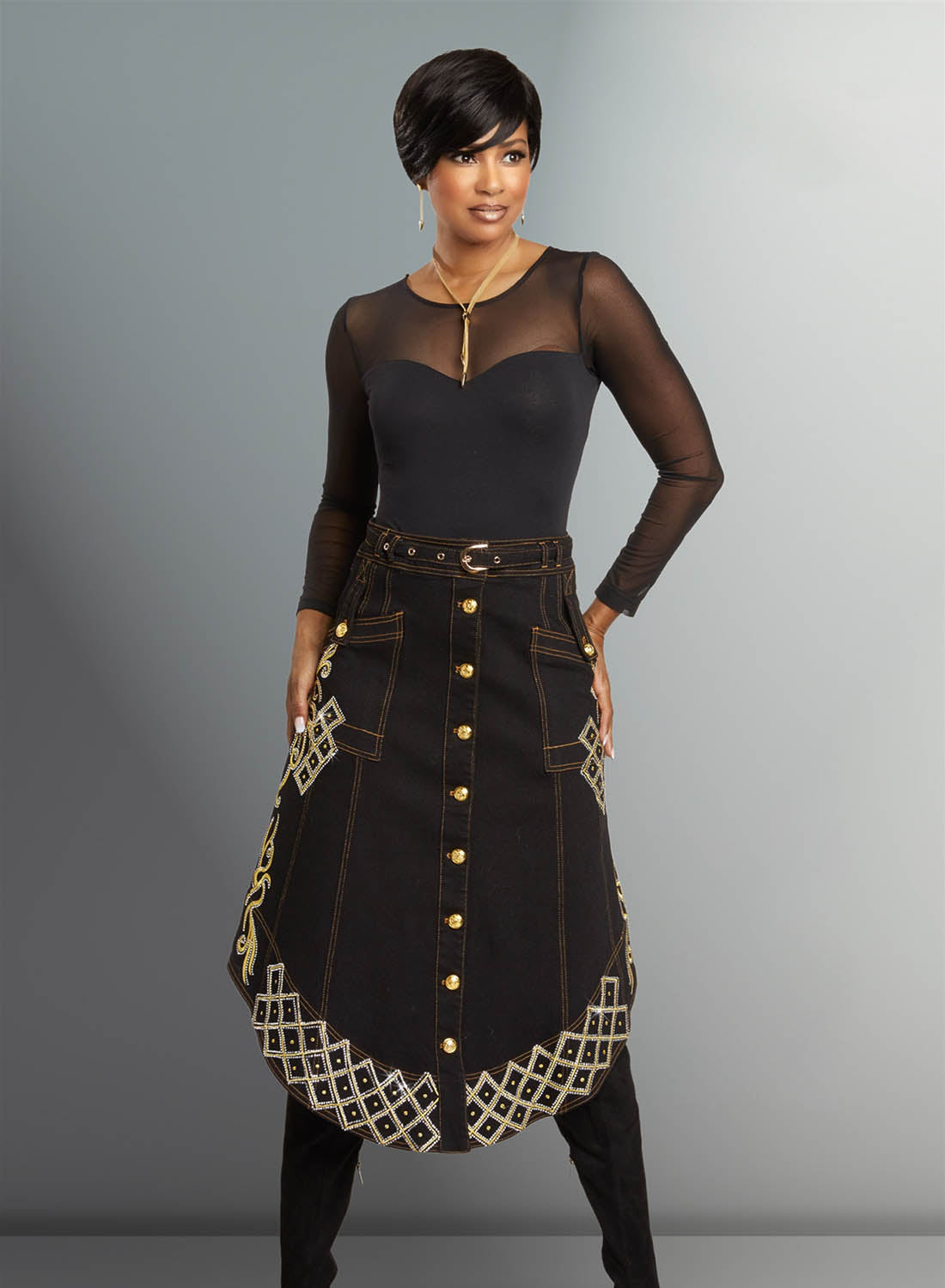 DV Jeans - 8466S - High Quality Washed Stretch Denim Skirt with Rhinestones and Studs