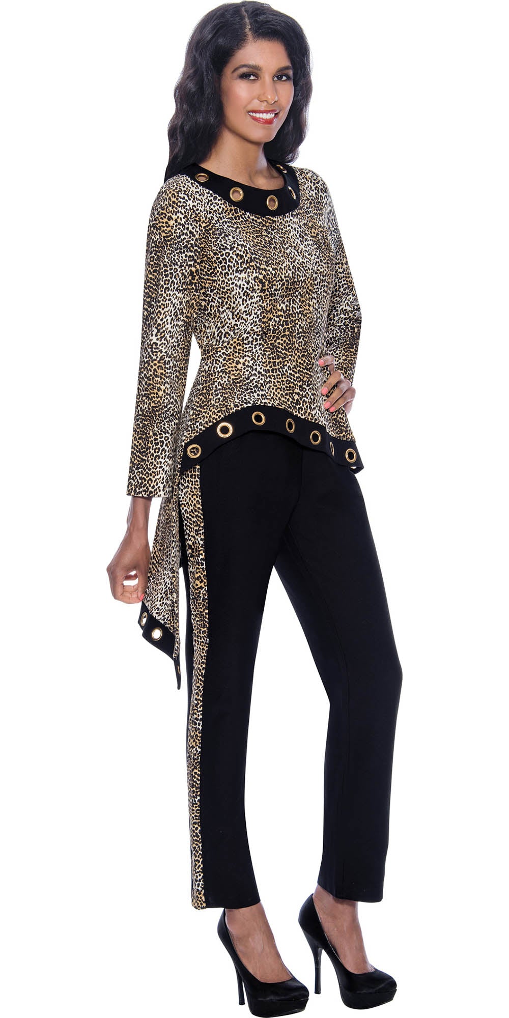 Devine Sport DS63022 - Womens Denim Pant Suit With Animal Print Grommet Detail High-Low Jacket