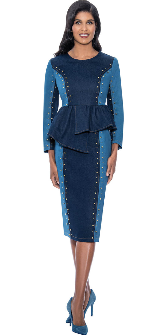 Devine Sport DS63122 Stretch Denim Dress with Two Tone Design and Gold Studs