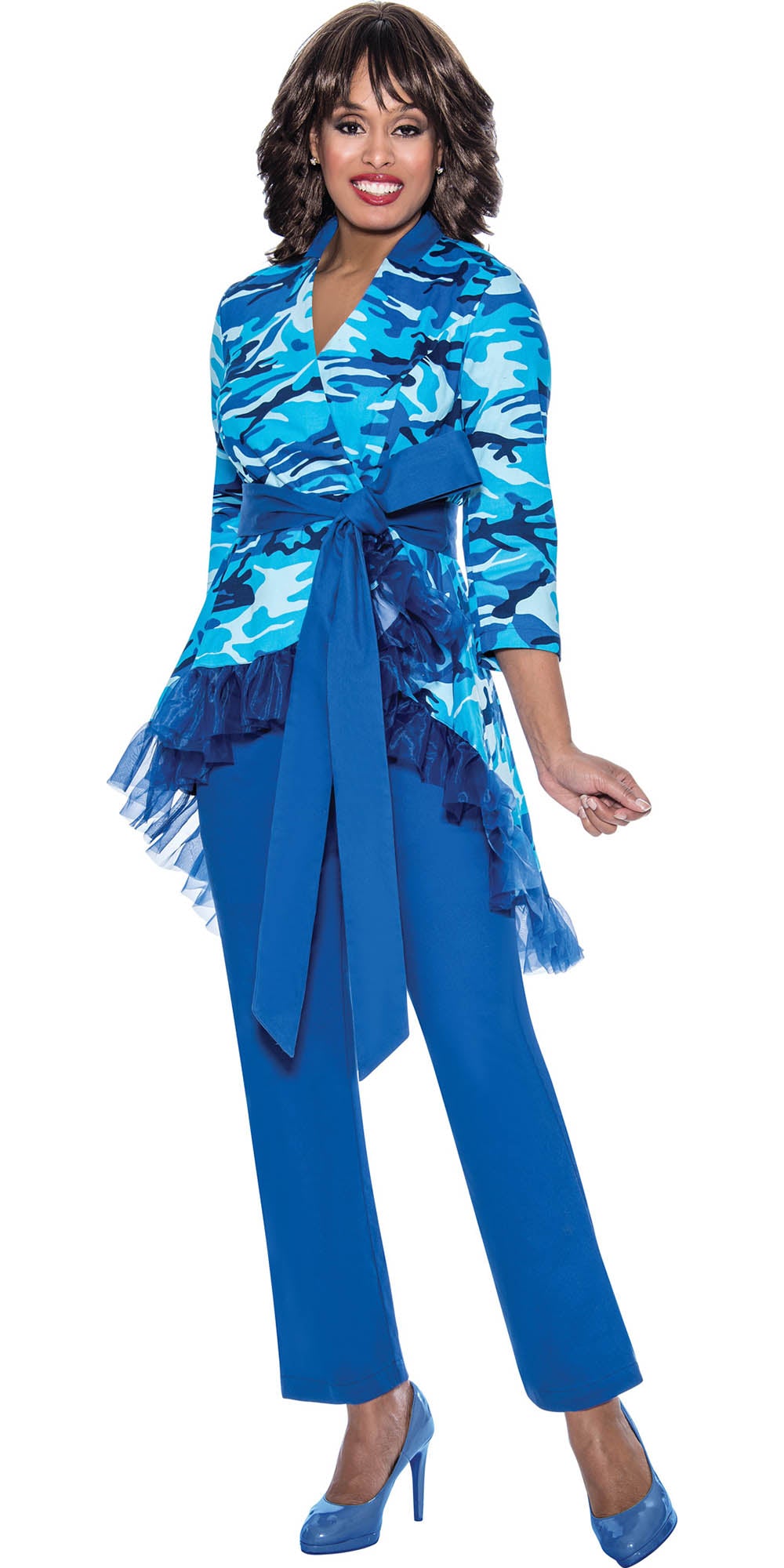 Devine Sport DS63372 - Soft Stretch Camo Print Denim Pant Set with Organza Trim and Sash