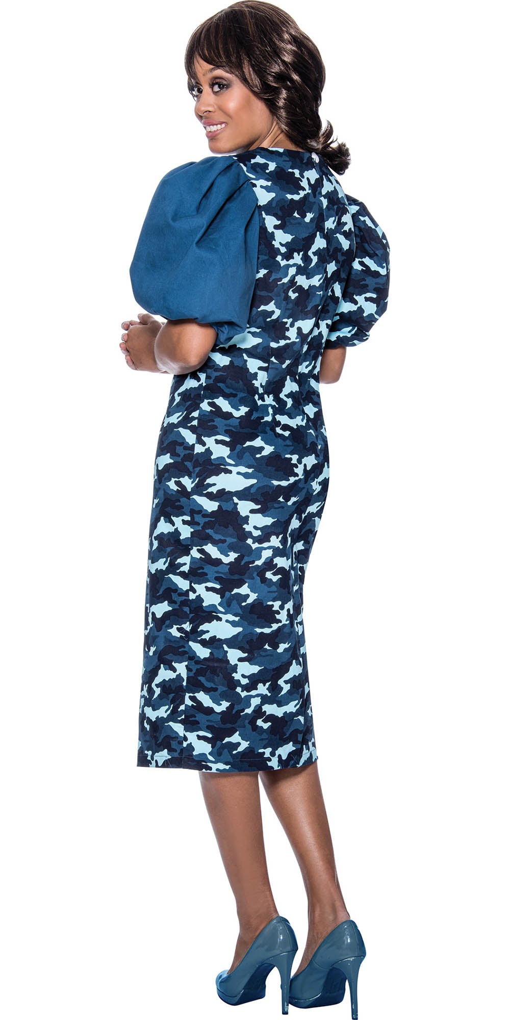 Devine Sport DS63381 - Soft Stretch Camo Print Denim Dress with Puff Sleeves