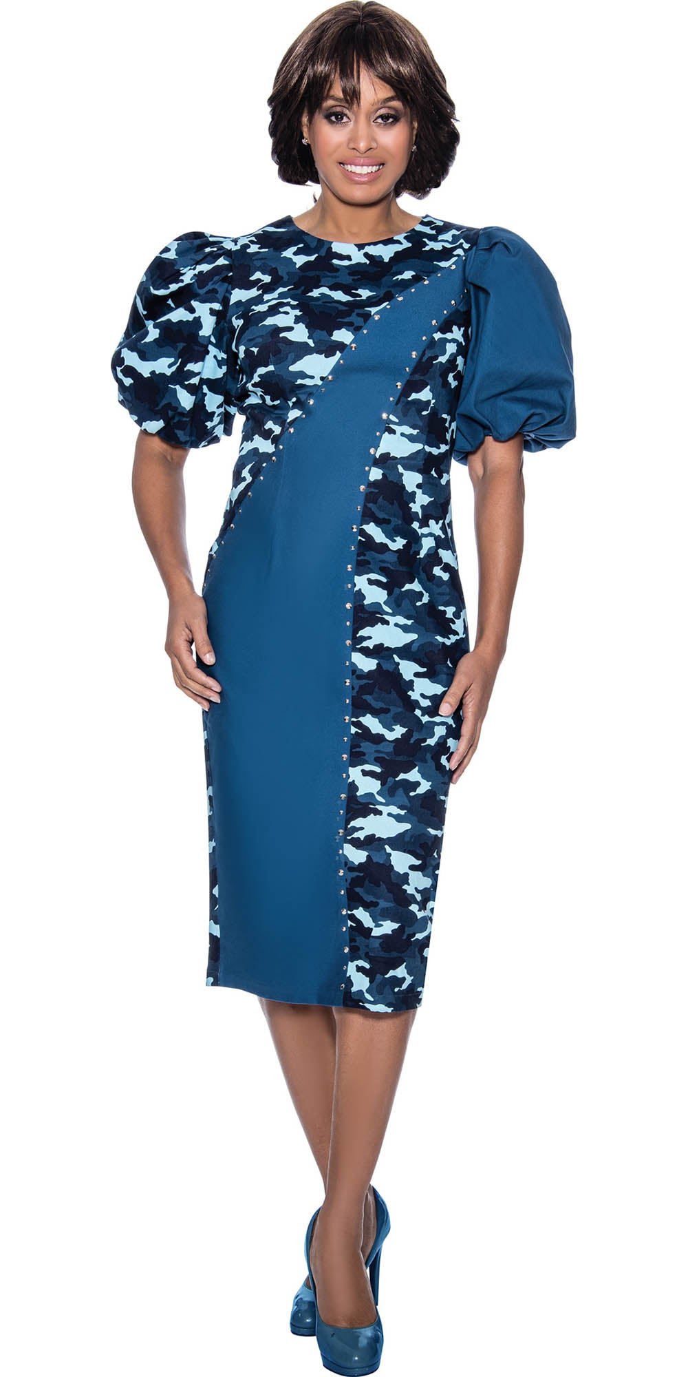 Devine Sport DS63381 - Soft Stretch Camo Print Denim Dress with Puff Sleeves