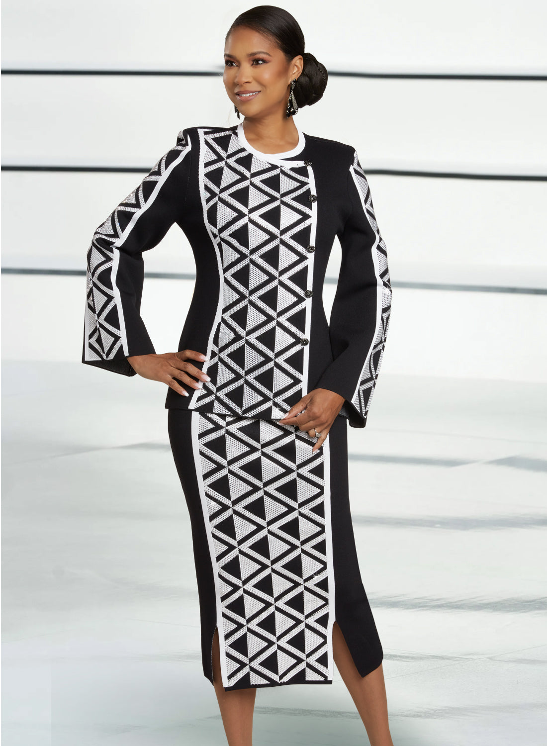 Donna Vinci 13347 - 2PC Jacket & Skirt Exclusive Knitted Wool Blend Yarn With Rhinestones