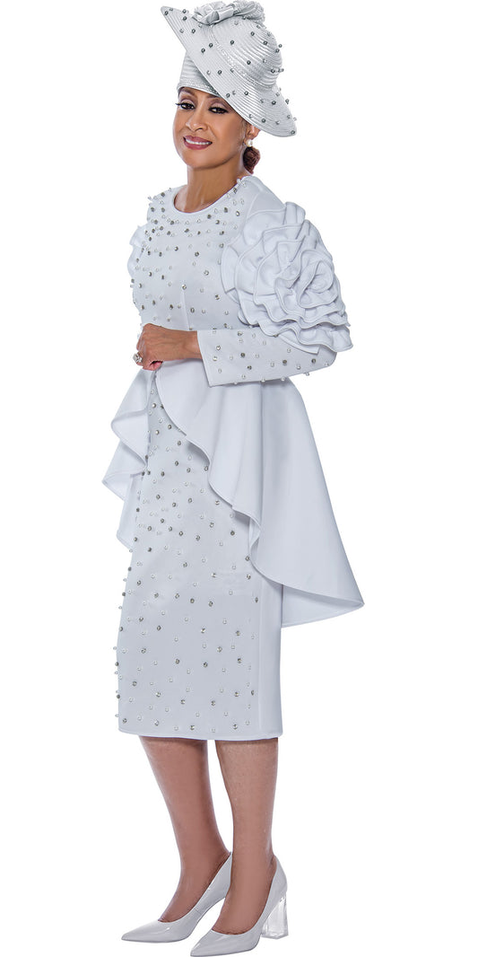 Dorinda Clark Cole - DCC4711 - White Embellished Scuba Dress with High Low Peplum
