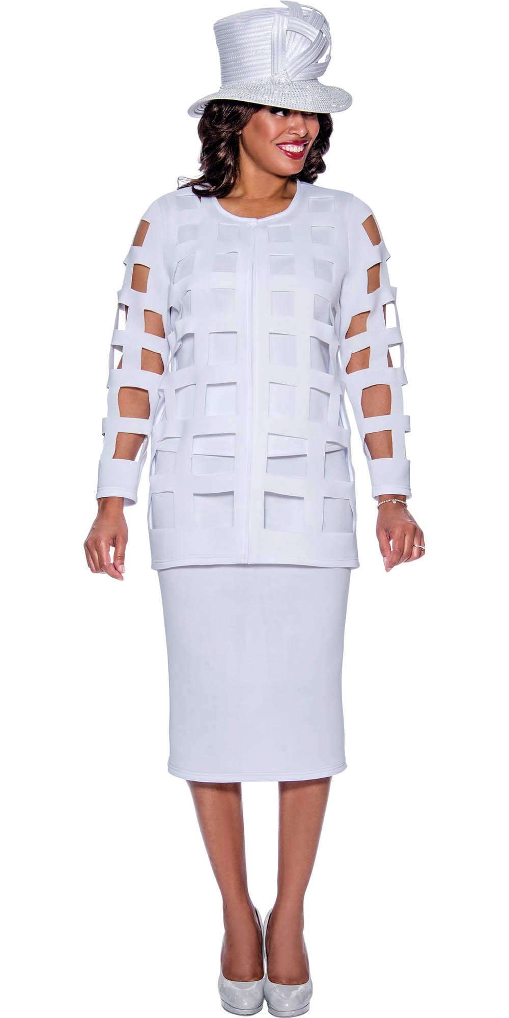 GMI G9203 - White 3PC Skirt Suit with Lattice Cutout Styling