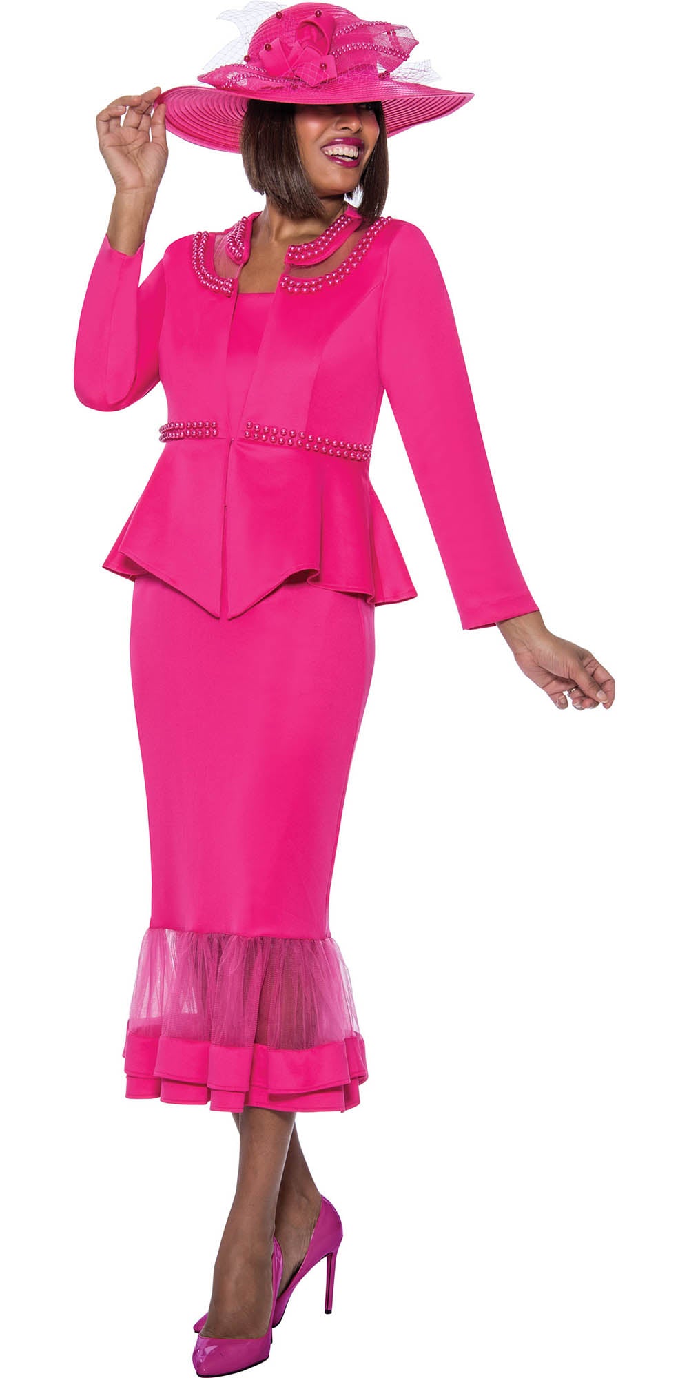 GMI G9512 - Hot Pink 3PC Peplum Skirt Suit with Pearl Details and Mesh Hemline