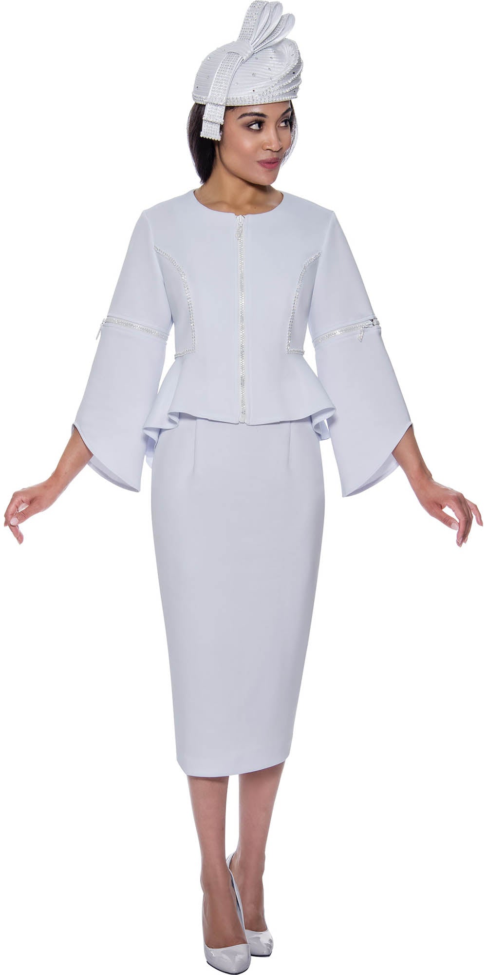 GMI G9562 - White 2PC Zipper Trim Suit with Detachable Sleeves