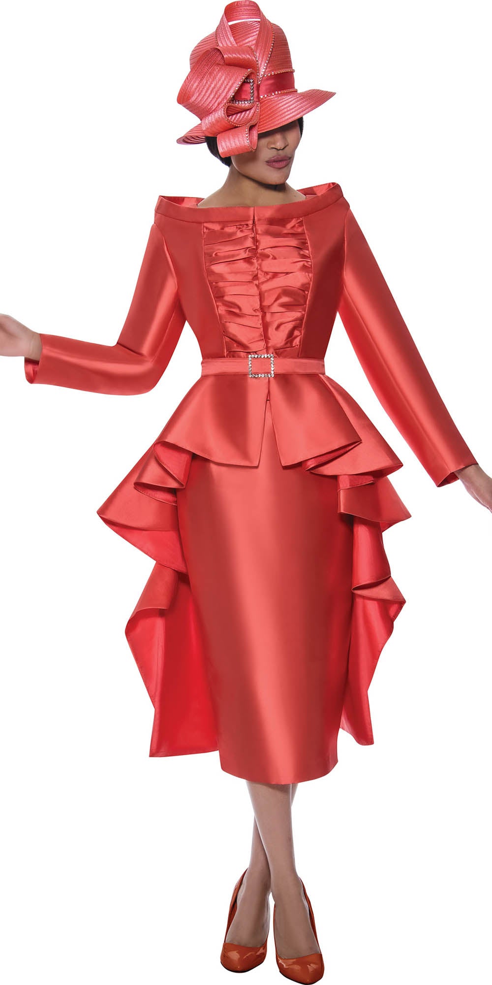 GMI G9632 - Coral 2PC High Low Skirt Suit With Belt and Ruffle Pleat Breast Panel