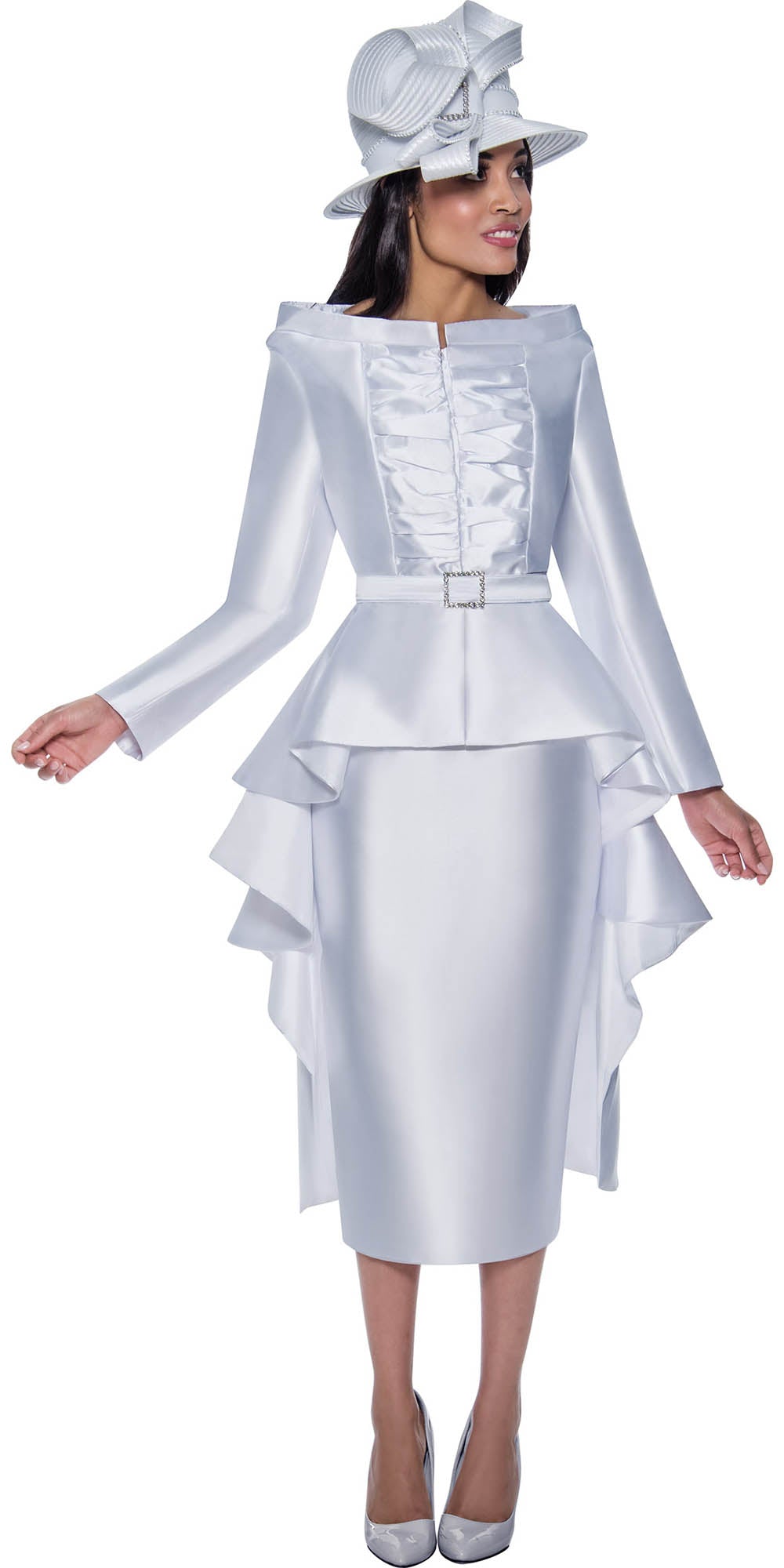 GMI G9632 - White 2PC High Low Skirt Suit With Belt and Ruffle Pleat Breast Panel