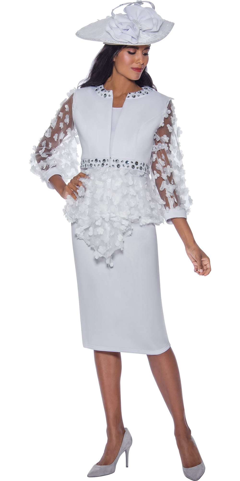 GMI G9673 - White 3PC Scuba Fabric Skirt Suit With Mesh and Petals Detailing