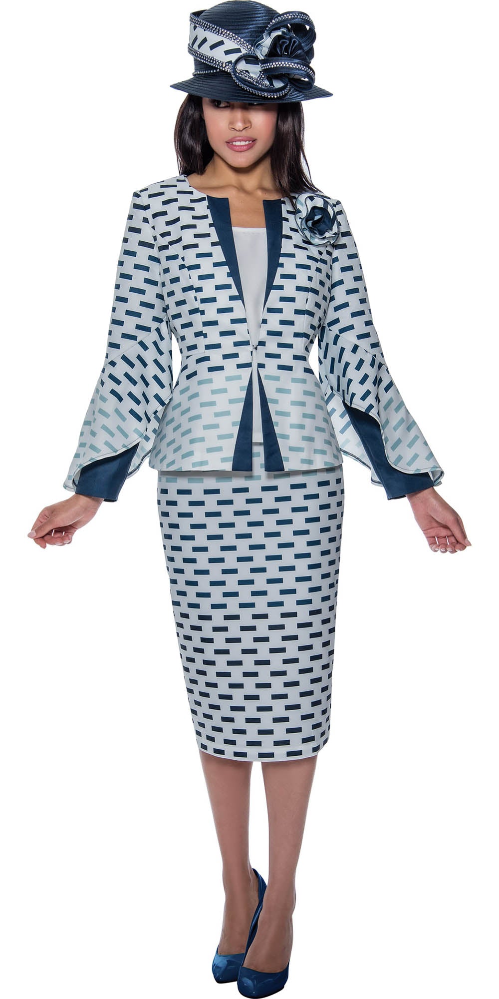 GMI G9813 - Navy White 3PC Print Skirt Suit